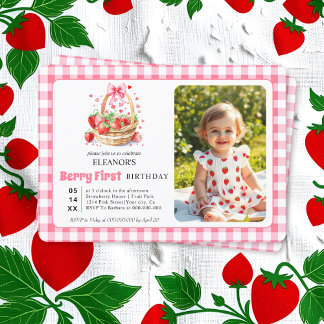 Invitation Fraises, nœud rose Berry Premier Anniversaire phot