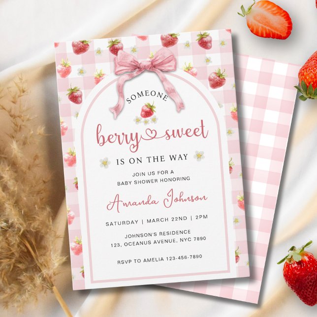 Invitation Fraises Ribbon Berry Baby shower rose doux (Créateur téléchargé)