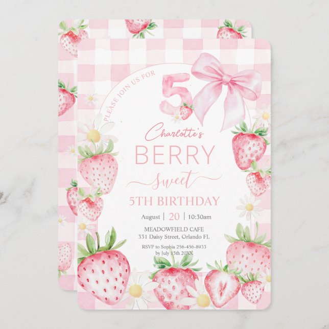 Invitation Fraises rose mignonne Berry Sweet 5e anniversaire (Devant / Derrière)