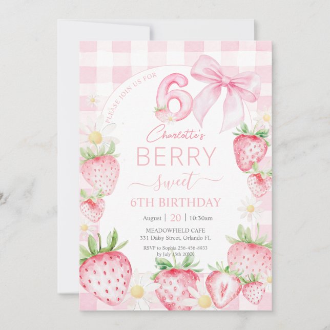 Invitation Fraises rose mignonne Berry Sweet 6e anniversaire (Devant)