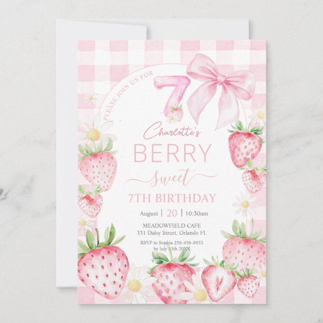 Invitation Fraises rose mignonne Berry Sweet 7e anniversaire (Devant)