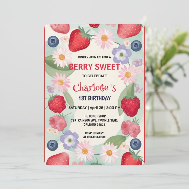 Invitation Fraises rouges 1ère fête d'anniversaire pour enfan (Debout devant)