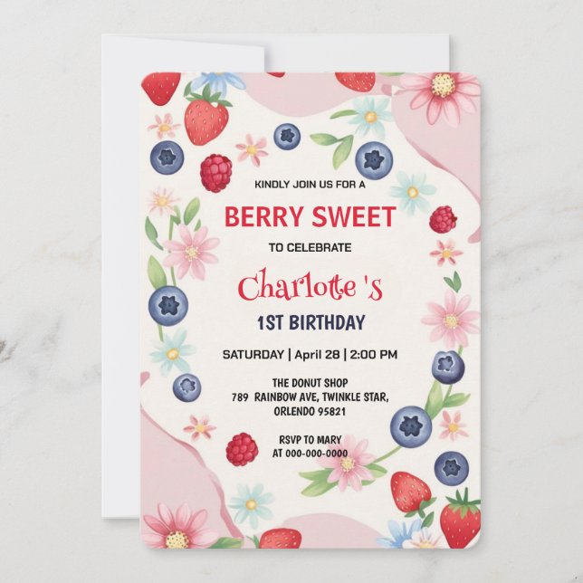 Invitation Fraises rouges 1ère fête d'anniversaire pour enfan (Devant)