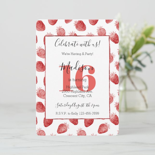 Invitation Fraises Rouges Fruit 16e Anniversaire (Debout devant)