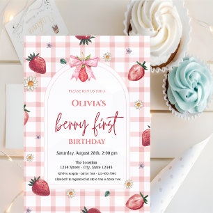 Invitation Fraisier à l'aquarelle Plaid Rouge 1er Anniversair