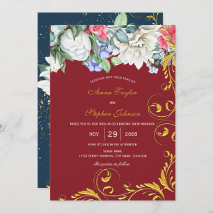 Invitation Framboise Blanc Bleu Rose Doré Tourbillons Botaniq