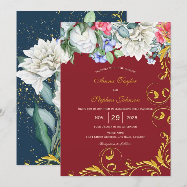 Invitation Framboise Blanc Bleu Rose Doré Tourbillons Botaniq (Devant / Derrière)