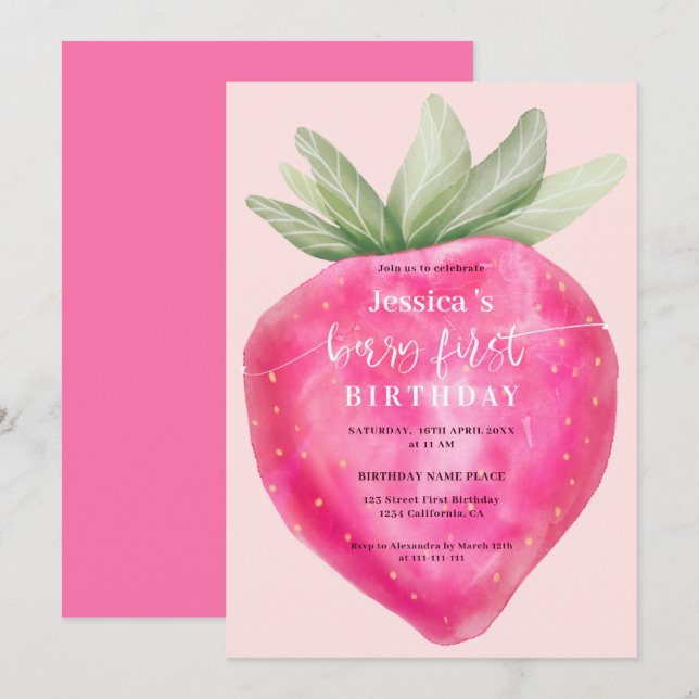 Invitation Framboise rose de premier anniversaire (Devant / Derrière)