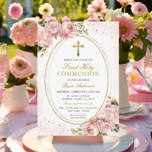 Invitation Frame Blush rose Roses Première Sainte Communion