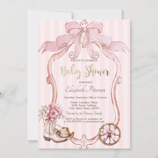 Invitation Frame Bow Cowgirl Wester Striped Baby Shower  (Devant)