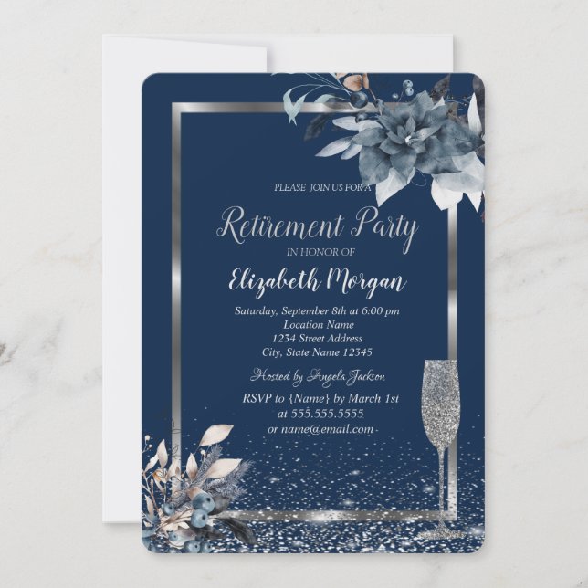 Invitation Frame Confetti Fleur d'hiver Champagne Retraite (Devant)