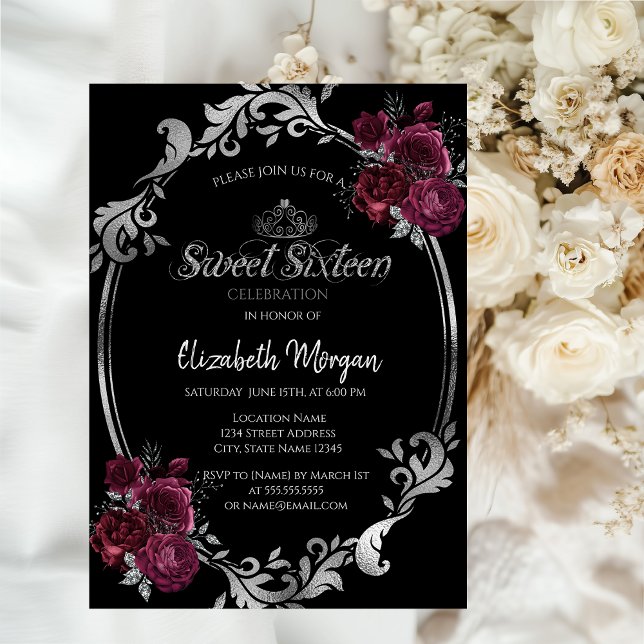 Invitation Frame d'argent Bourgogne Rose Black Sweet 16 (Créateur téléchargé)