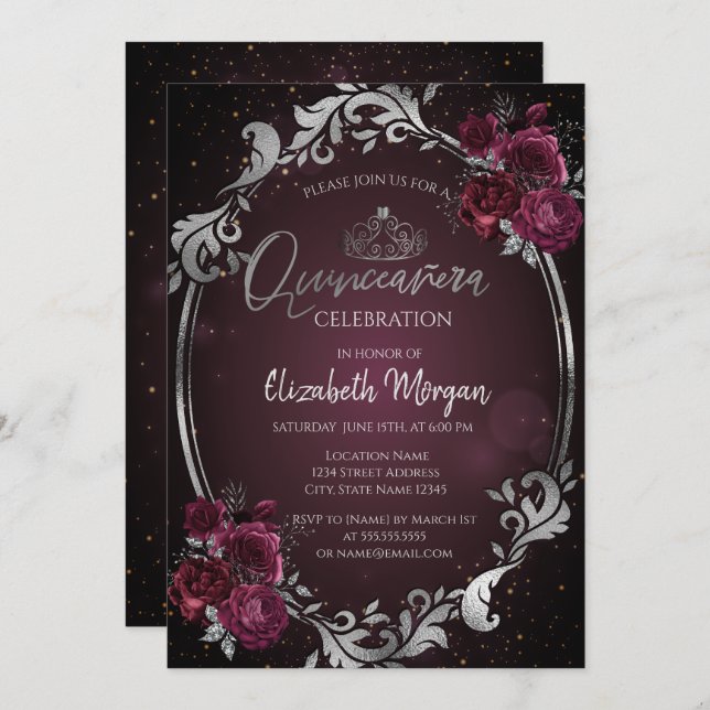 Invitation Frame d'argent Bourgogne Roses Dark Quinceañera (Devant / Derrière)