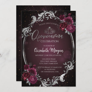 Invitation Frame d'argent Bourgogne Roses Dark Quinceañera