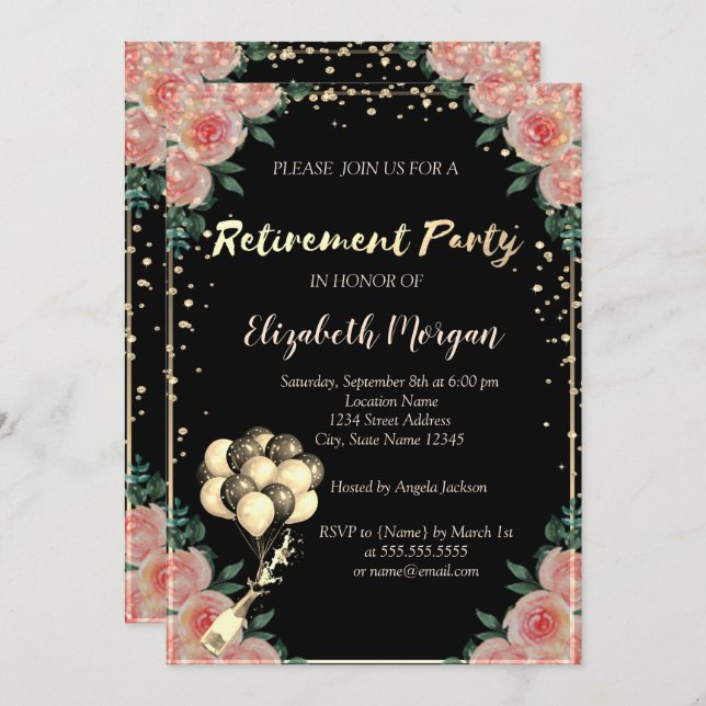 Invitation Frame de diamant, Ballons, Parti de retraite flora (Devant / Derrière)