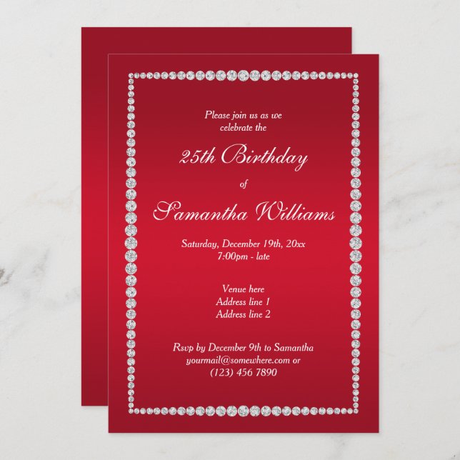 Invitation Frame Diamond Glitzy & Ruby Red Anniversaire (Devant / Derrière)