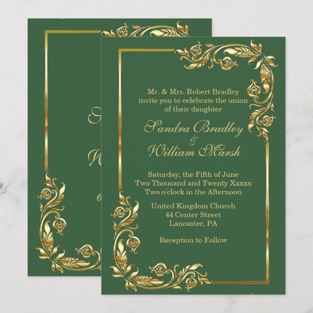 Invitation Frame d'or Elegant chasseur vert avec impression o (Devant / Derrière)