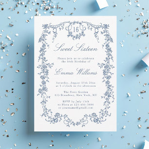 Invitation Frame Floral bleu Français Sweet 16 Anniversaire