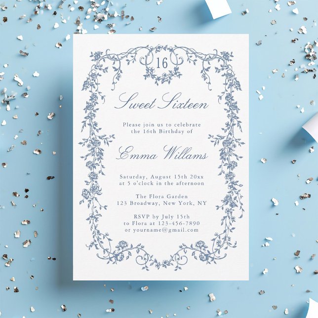 Invitation Frame Floral bleu Français Sweet 16 Anniversaire (Créateur téléchargé)