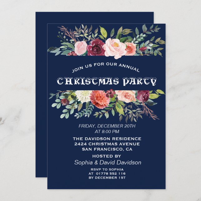 Invitation Frame Floral Bourgogne Bleu foncé Noël (Devant / Derrière)