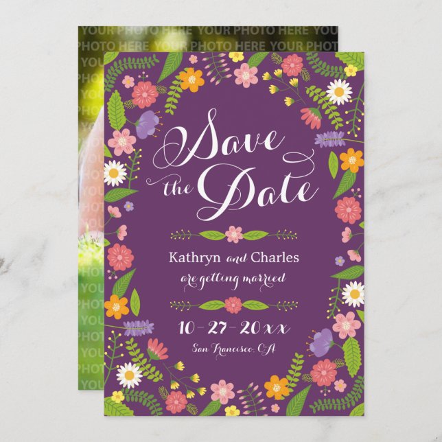 Invitation Frame Floral en floraison Photo rustique Enregistr (Devant / Derrière)