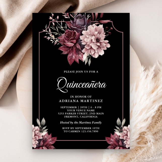 Invitation Frame floral Moody foncé Quinceanera noir (Créateur téléchargé)