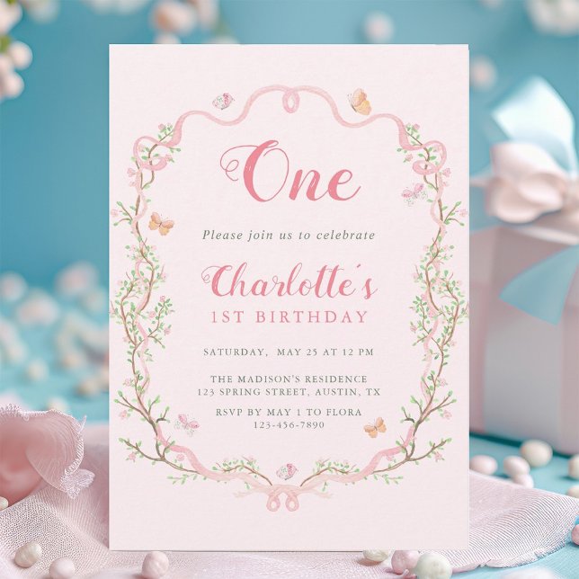 Invitation Frame Florale en fleurs rose 1er anniversaire (Créateur téléchargé)