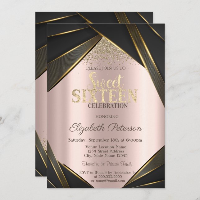 Invitation Frame Gold Diamonds Rose Gold Sweet 16 (Devant / Derrière)