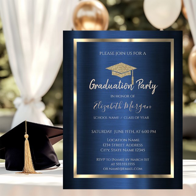 Invitation  Frame Gold Grad Cap Navy Blue Metallic (Créateur téléchargé)