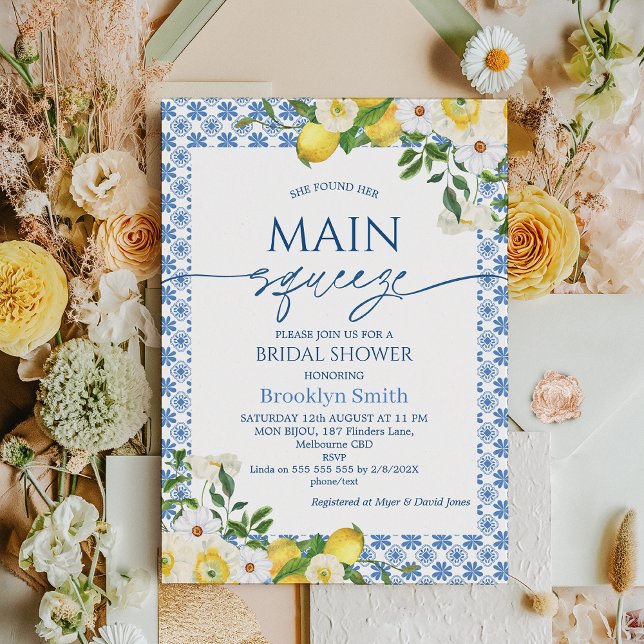 Invitation Frame jaune Floral Citron Fête des mariées à thème (Lemon Bridal Shower Invitation Temple, Blue Tiles Floral Lemon Bridal Shower Invite, Mediterranean )