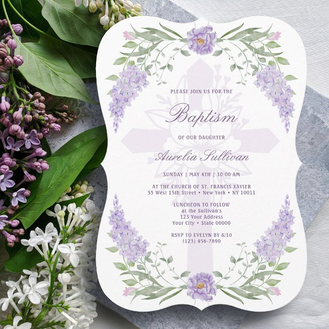Invitation Frame Lavande Florale Croix Sainte Baptême (Créateur téléchargé)
