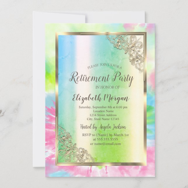 Invitation Frame Or Festif, Vert, Tie Dye Retraite (Devant)