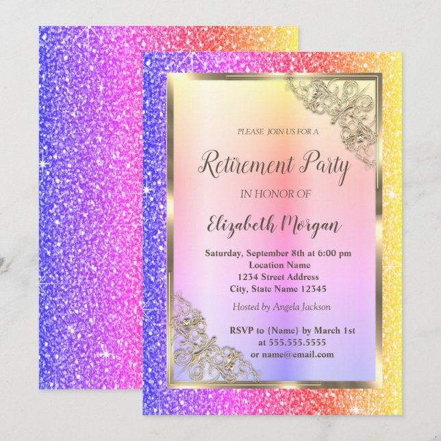 Invitation Frame Or Festive, Retraite Parties scintillant col (Devant / Derrière)