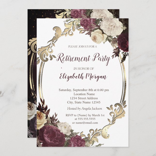 Invitation Frame Or, Fleurs Bourgogne Retraite (Devant / Derrière)