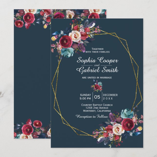 Invitation Frame or floral de la marine de Bourgogne sur Mari (Devant / Derrière)