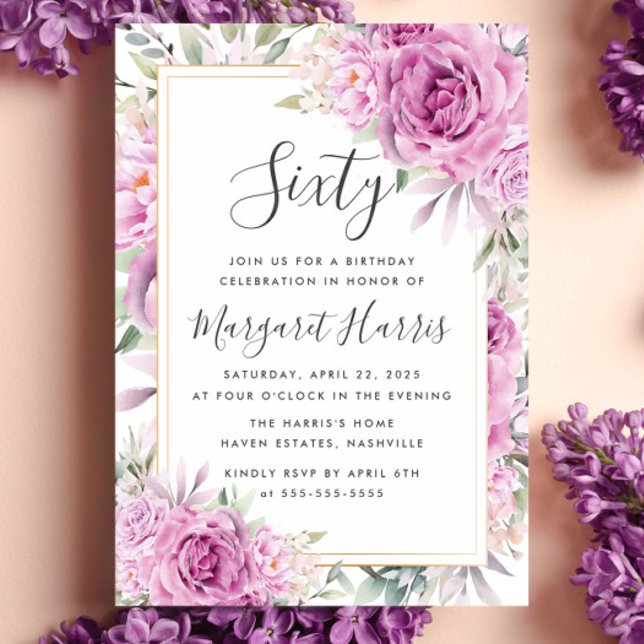 Invitation Frame or Floral Rose violet 60e Soixante Anniversa (Créateur téléchargé)
