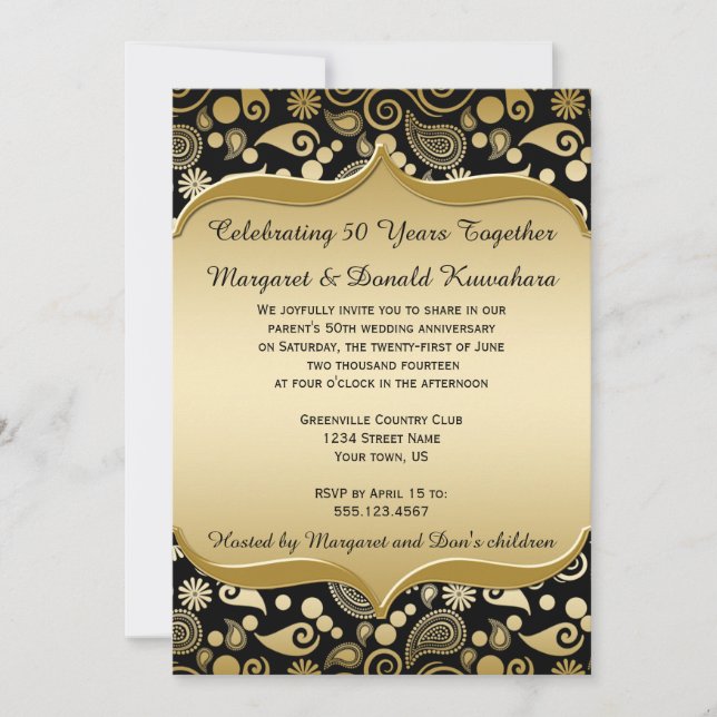 Invitation Frame Ornate Paisley en or noir 50e anniversaire (Devant)