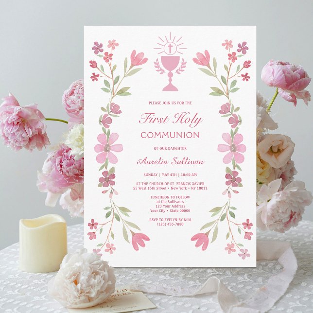 Invitation Frame rose Floral Première Communion sainte (Créateur téléchargé)