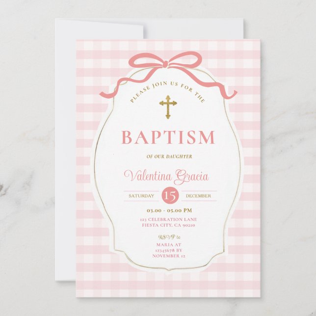 Invitation Frame rose Frame Frontière Fille Baptême Croix (Devant)