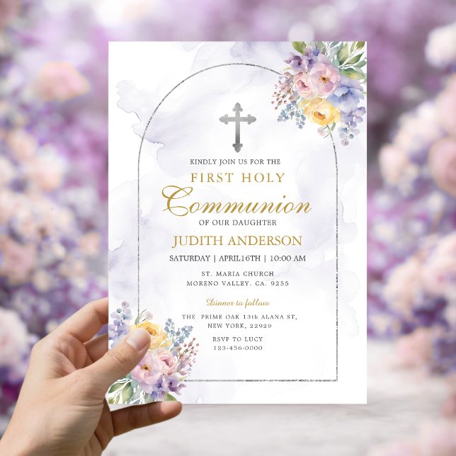 Invitation Frame Violet Roses Première Communion Sainte (Créateur téléchargé)