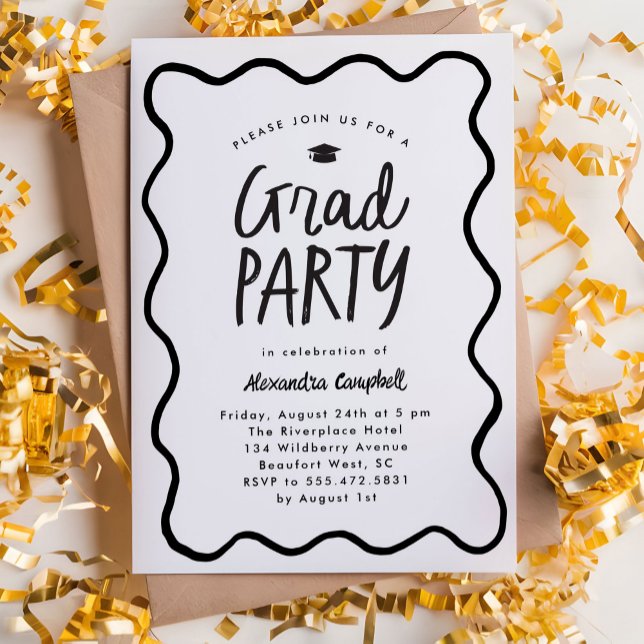 Invitation Frame Wavy Black White Main Draduation Party (black and white graduation party invitation with hand drawn squiggle border)