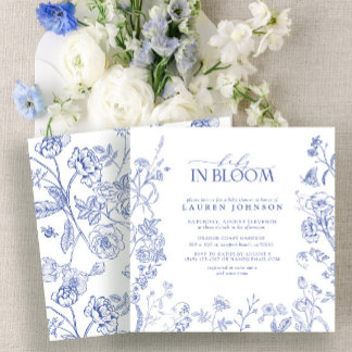 Invitation Français Bleu & Blanc Victorien Floral Baby En Fle