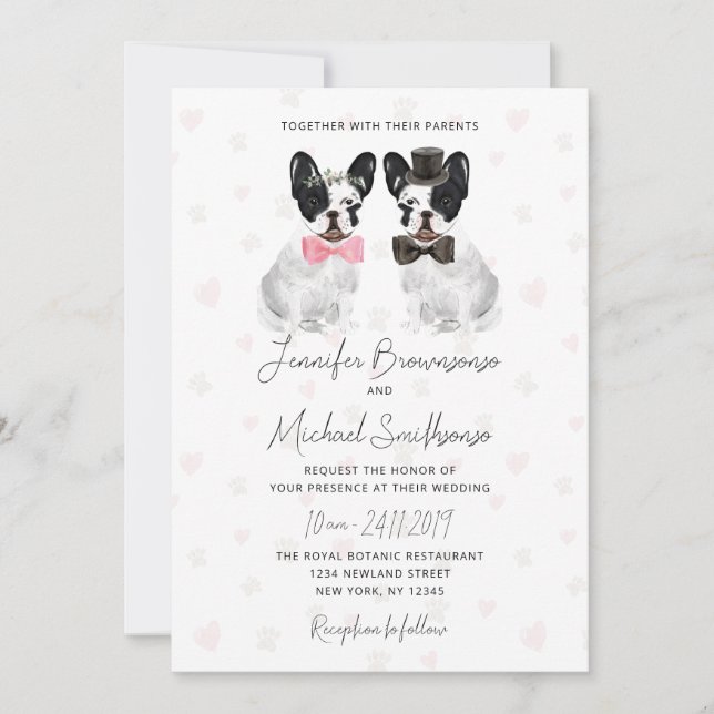 Invitation Français Bulldog thème paw coeur chien mariage (Devant)