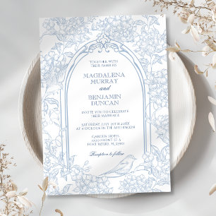 Invitation Français Dusty Blue Floral Toile Frame Birds Maria