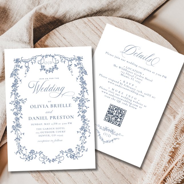 Invitation Français Dusty Blue Tout en un Mariage de code QR (Créateur téléchargé)