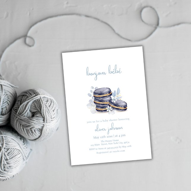 Invitation Français Floral Bonjour Bébé Macaron Baby shower (French Floral Bonjour Bébé Macaron Baby Shower Invitation)
