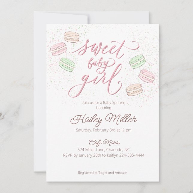 Invitation Française Macaron Sweet Baby Girl Sprinkle Invitat (Devant)