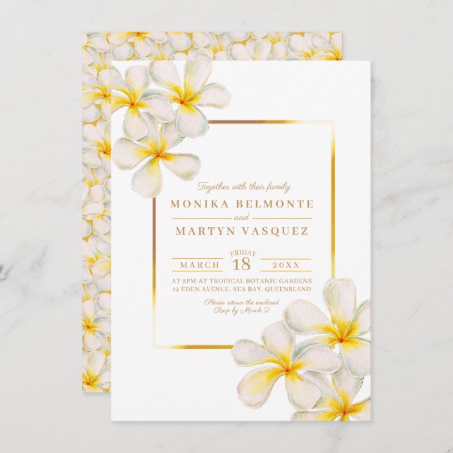 Invitation Frangipani or blanc mariage d'art des fleurs tropi (Devant / Derrière)