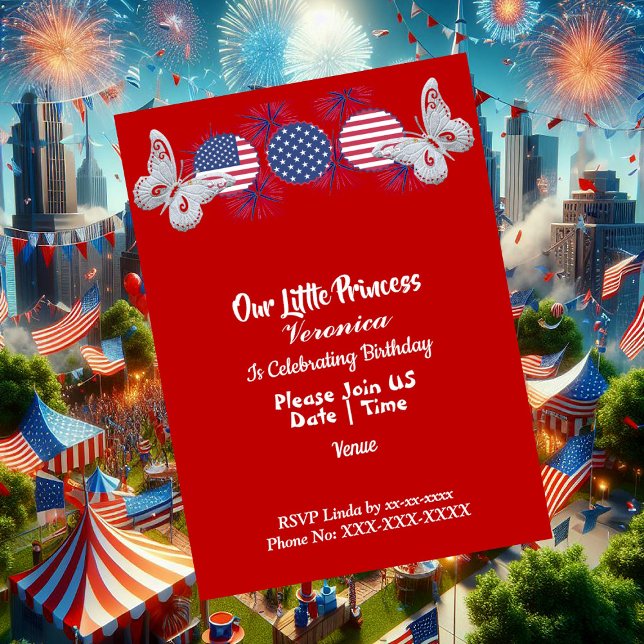 Invitation Frapeau patriotique américain drapeau fête d'anniv (Patriotic Butterfly American Flag Birthday Party Invitation)