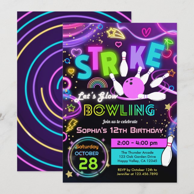 Invitation Frappe Anniversaire Fille Bowling Let's Glow  (Devant / Derrière)